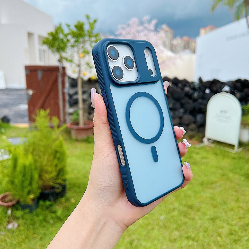 A frosted matte magnetic protective case for Apple iPhone, shown in black, white, grey, purple, and blue colour options.