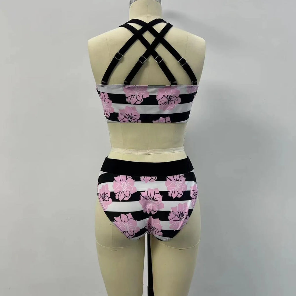 Black women's split bikini with belly-covered slimming design for swimming.