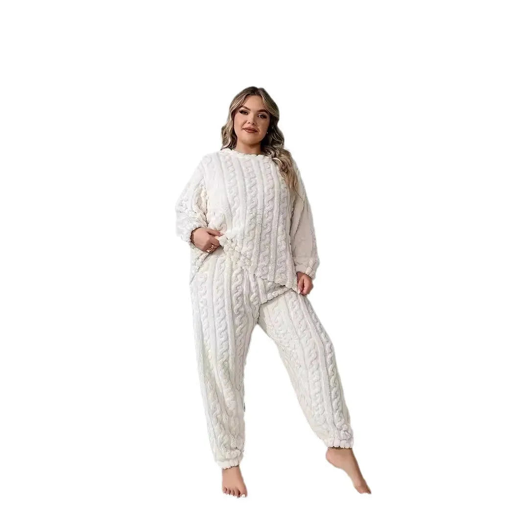 Women's milky white plush two-piece set with crew neck top and full-length pants on hanger