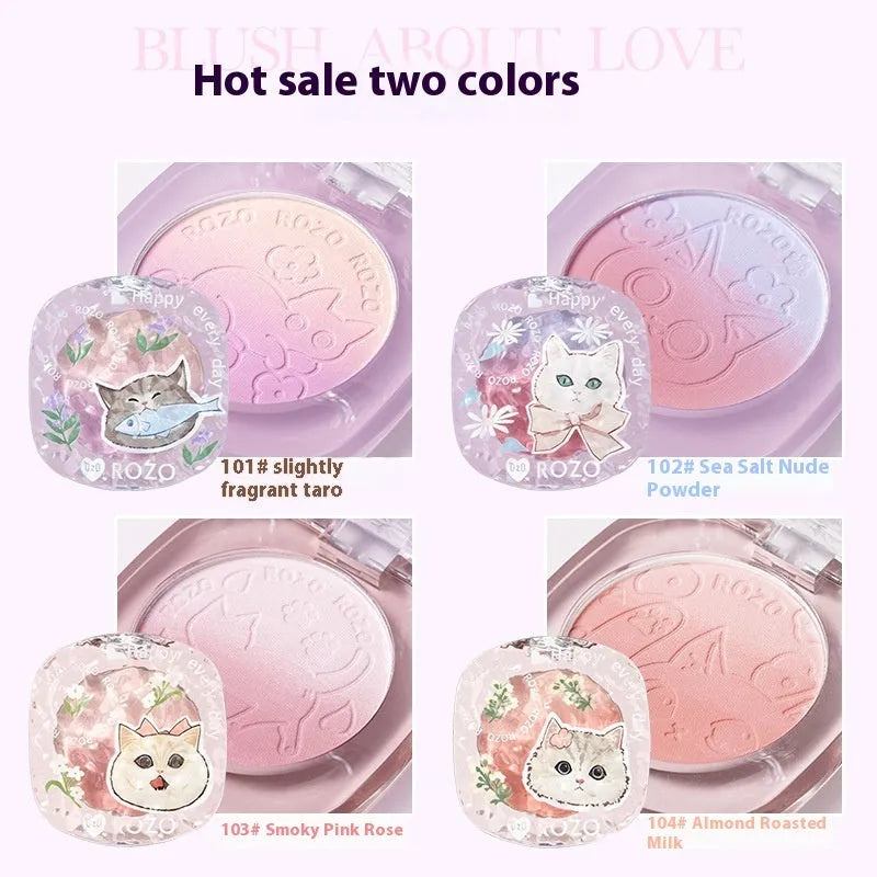 Two-tone gradient matte blusher plate for cheeks in a compact, shown with optional application brush.
