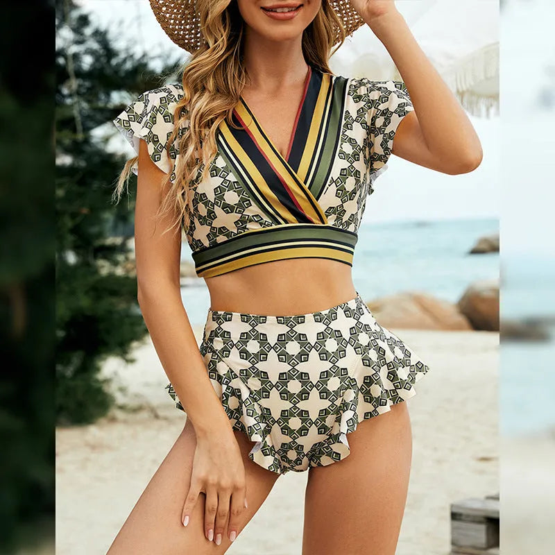Green women's bikini with flounced backless lace-up V-neck design and split detail