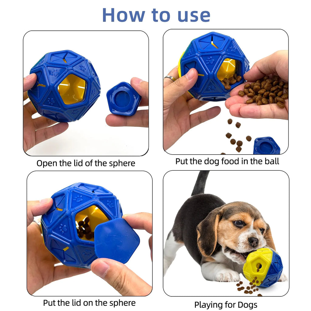 Red and blue bite-resistant rubber hollow dog toy ball for food dispensing and interactive play.