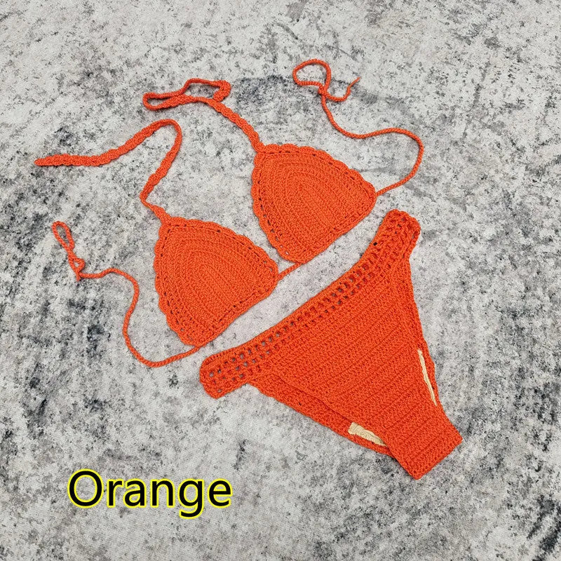 Handmade crochet bikini set with matching beach skirt in blue colour, showing three separate pieces