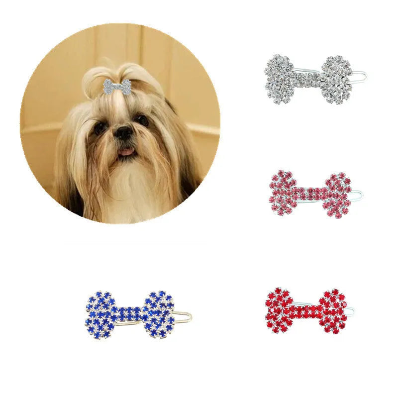 Diamond dog bone pet barrette in size S, shown in white, pink, blue and red for cats and dogs