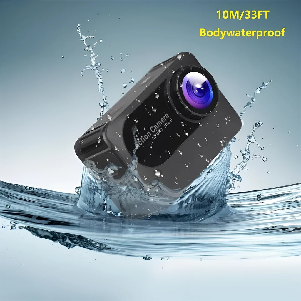 Black touchscreen sports action camera with 170 degree wide angle lens showing compact dimensions
