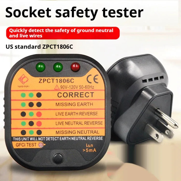 Black UK electrical socket tester showing LED indicators for ground and polarity detection