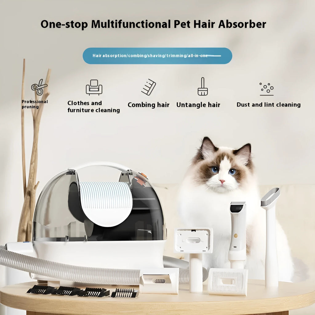 Pink and white multifunctional pet grooming vacuum cleaner with hose, clipper, and attachments on a white background.