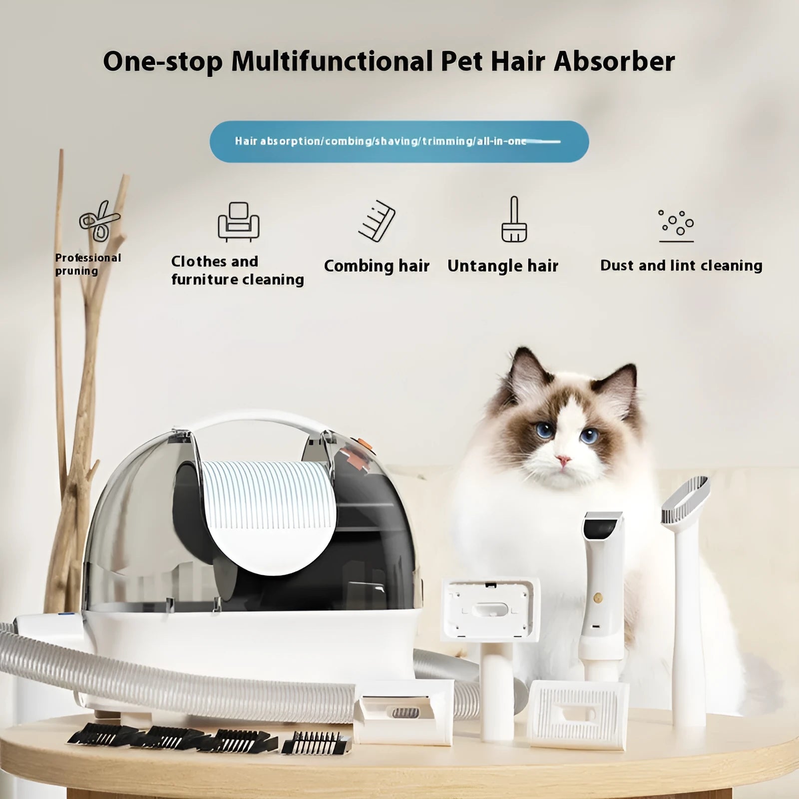 Pink and white multifunctional pet grooming vacuum cleaner with hose, clipper, and attachments on a white background.