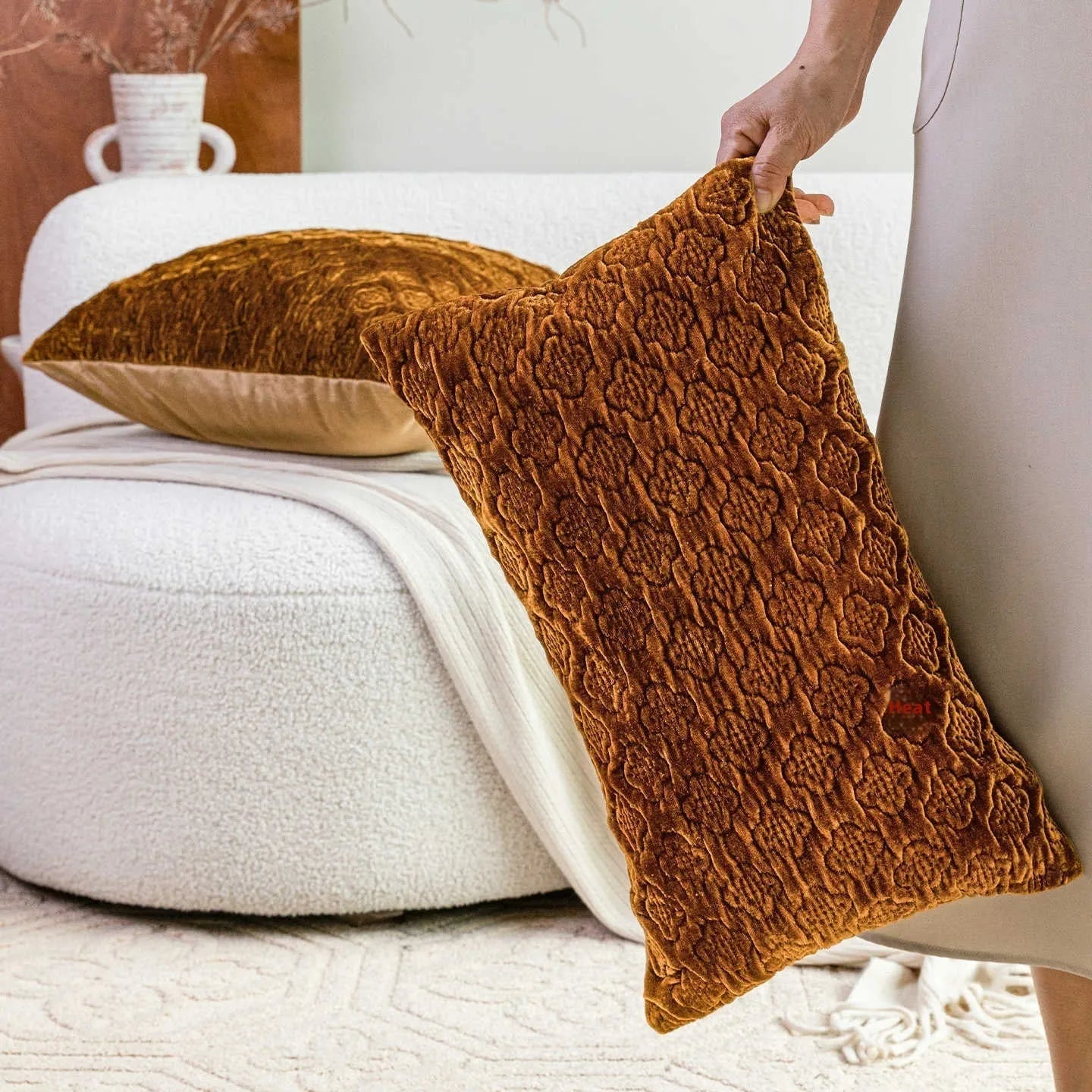 Brown gold antique Chinese-style cushion with three-dimensional quilted pattern on plum cotton fabric