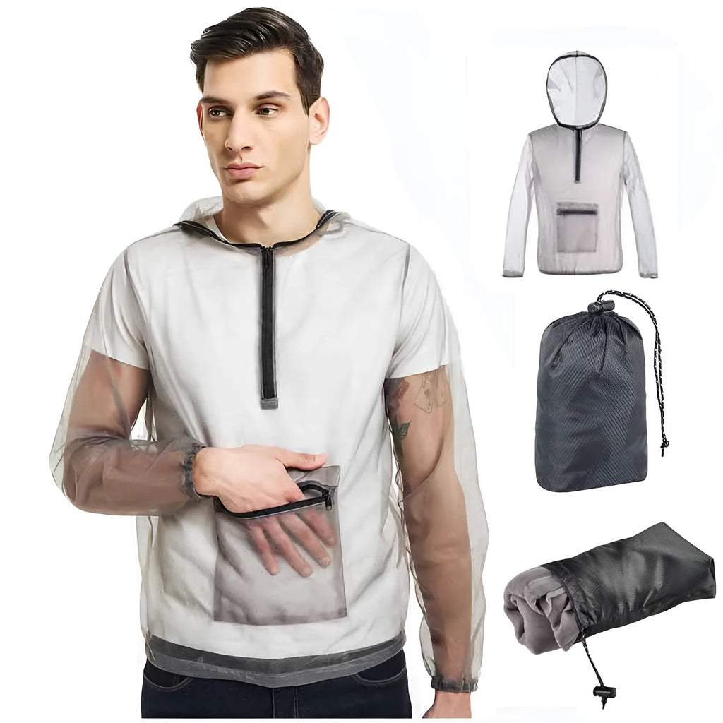 Grey mesh insect bite jacket for camping and fishing, available in sizes XL, XXL and XXXL