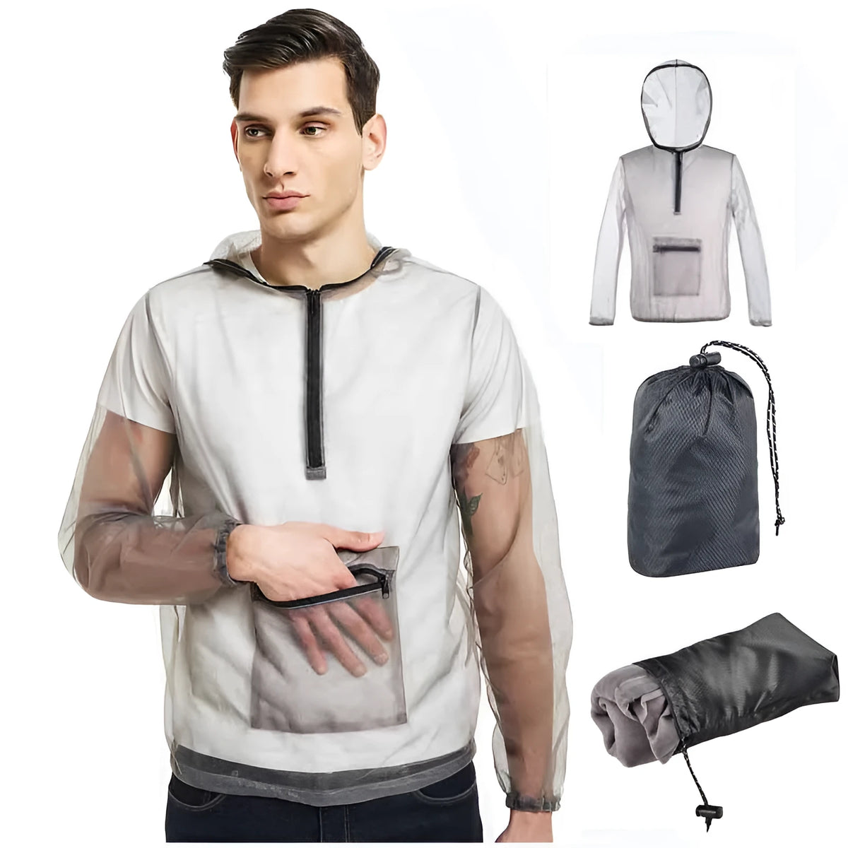 Grey mesh insect bite jacket for camping and fishing, available in sizes XL, XXL and XXXL