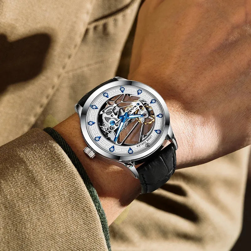 Men's silver mechanical watch with luminous hands on genuine leather strap showing 14.3mm case thickness