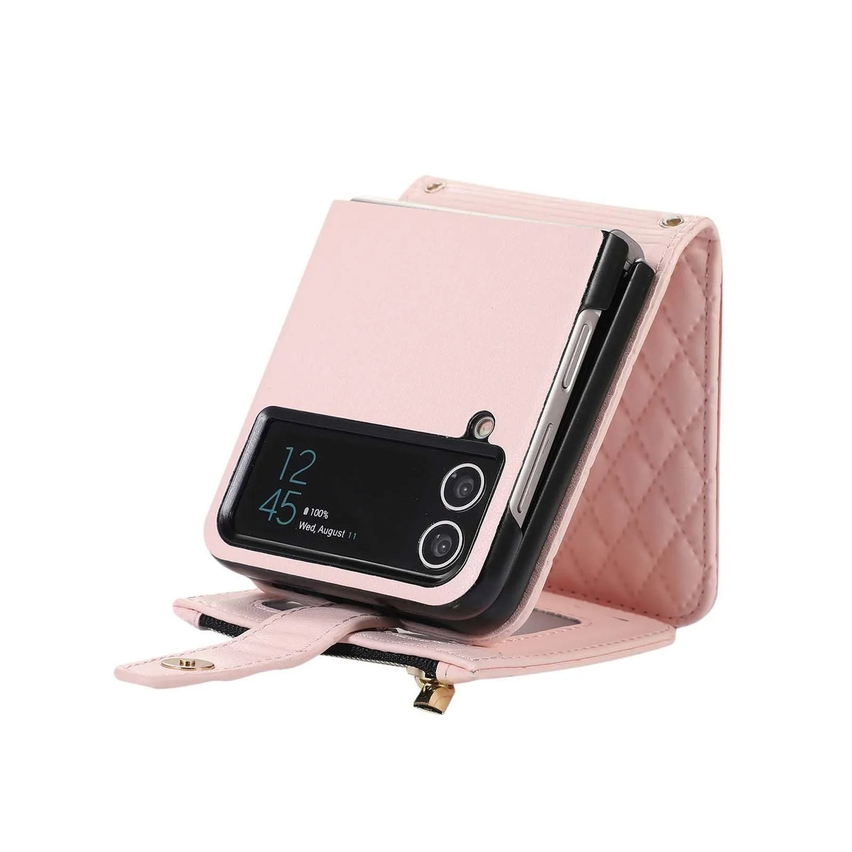 Crossbody PU leather phone case for Samsung Z Flip with card slot, zipper bag, and lanyard in black.