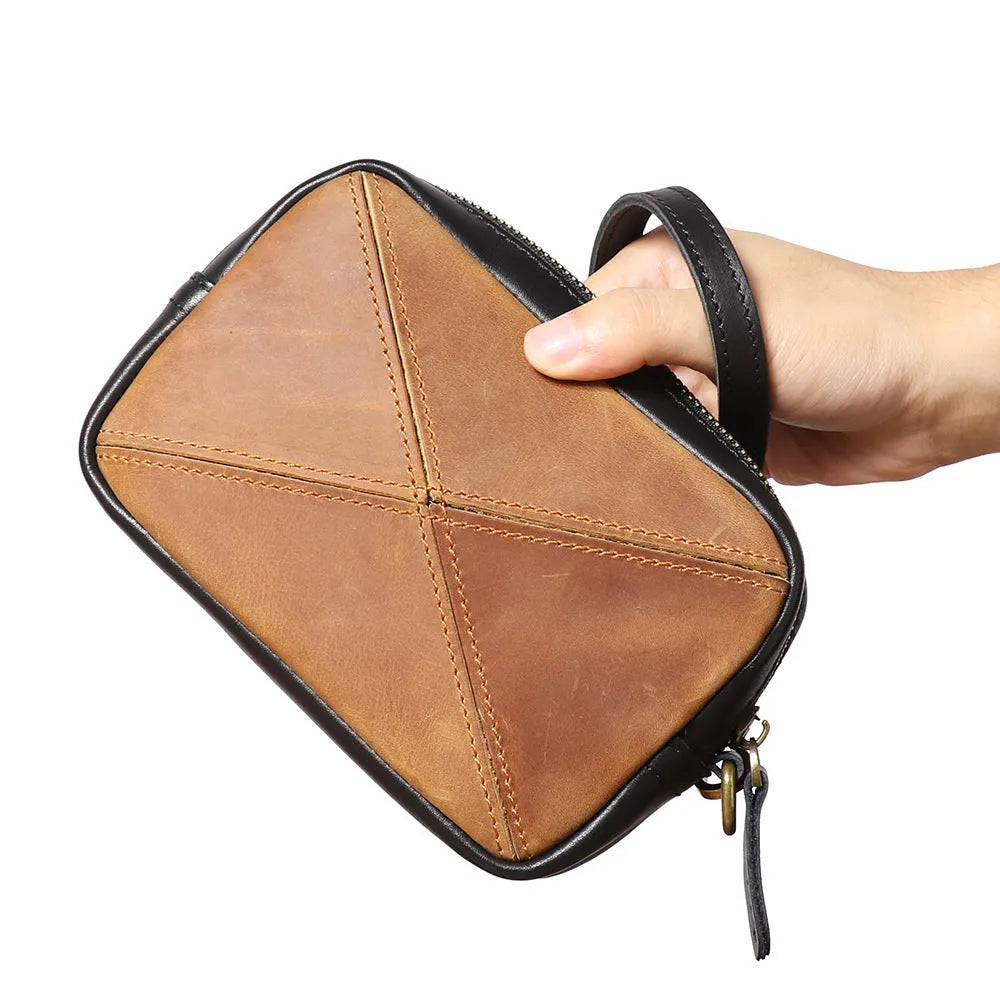 Unisex retro vintage brown first layer cowhide leather messenger bag with horizontal square shape and multi-layer zipper