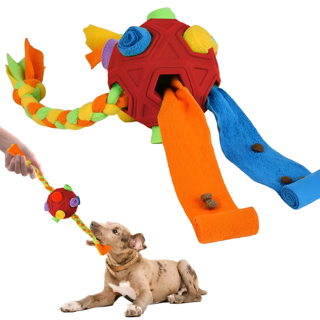 Bite resistant pet sniffing ball dog puzzle toy in assorted colours for treat dispensing and IQ training.