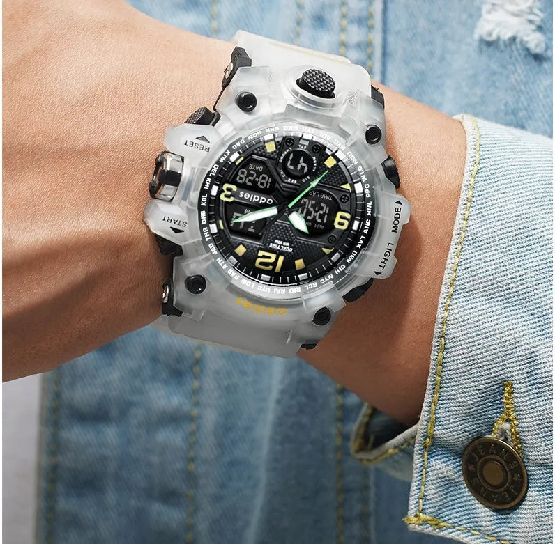 Electronic dual display sports watch with plastic case, 50m water resistance, in black, red, white, or transparent white.