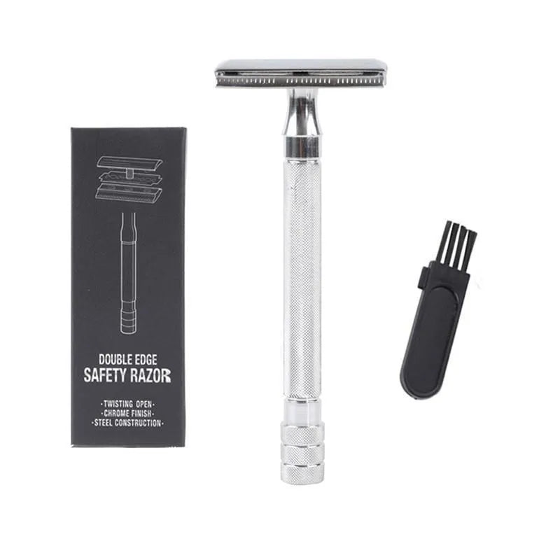 Old-fashioned manual pogonotomy metal scraper with brush set in black or silver colour