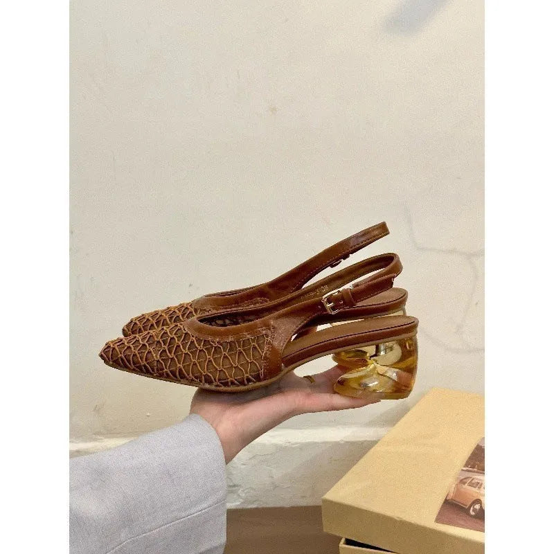 Women's brown square toe slingback sandals with woven detail on the toe cap.