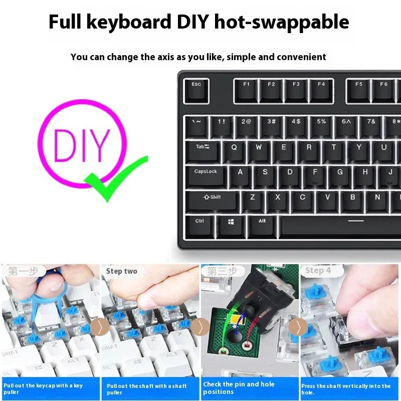 87-key wired mechanical keyboard with two-tone keycaps and metal frame, showing compact design and included tools
