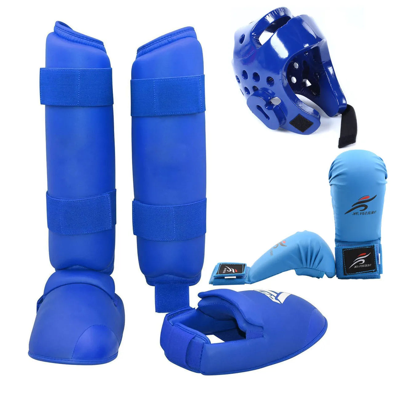 Red and blue martial arts protective gear set showing leg guards, boxing gloves, and a helmet for taekwondo and karate.