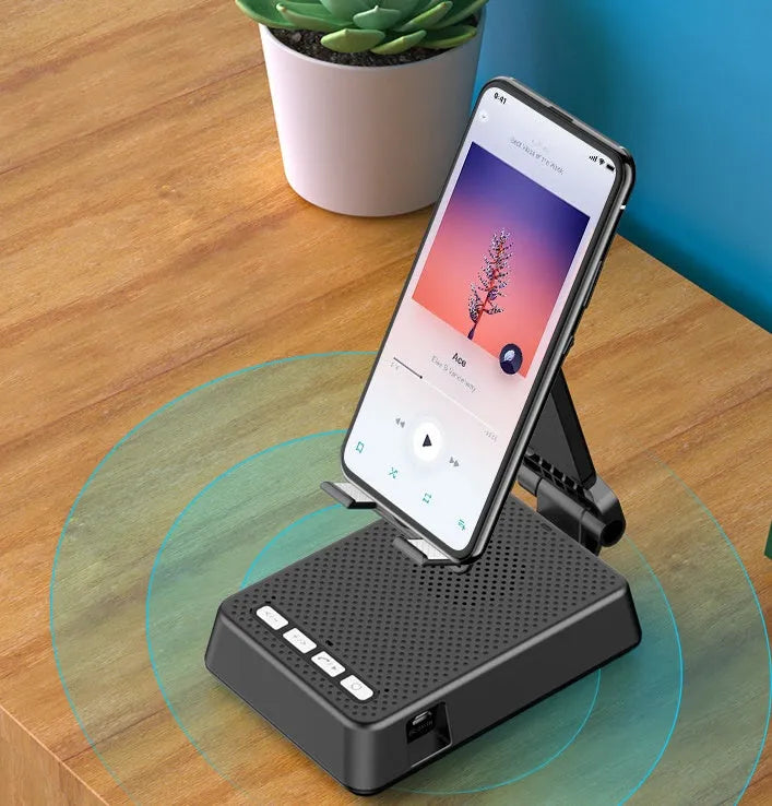 Black mobile phone stand with Bluetooth speaker on desk showing 135cm height and USB charging port