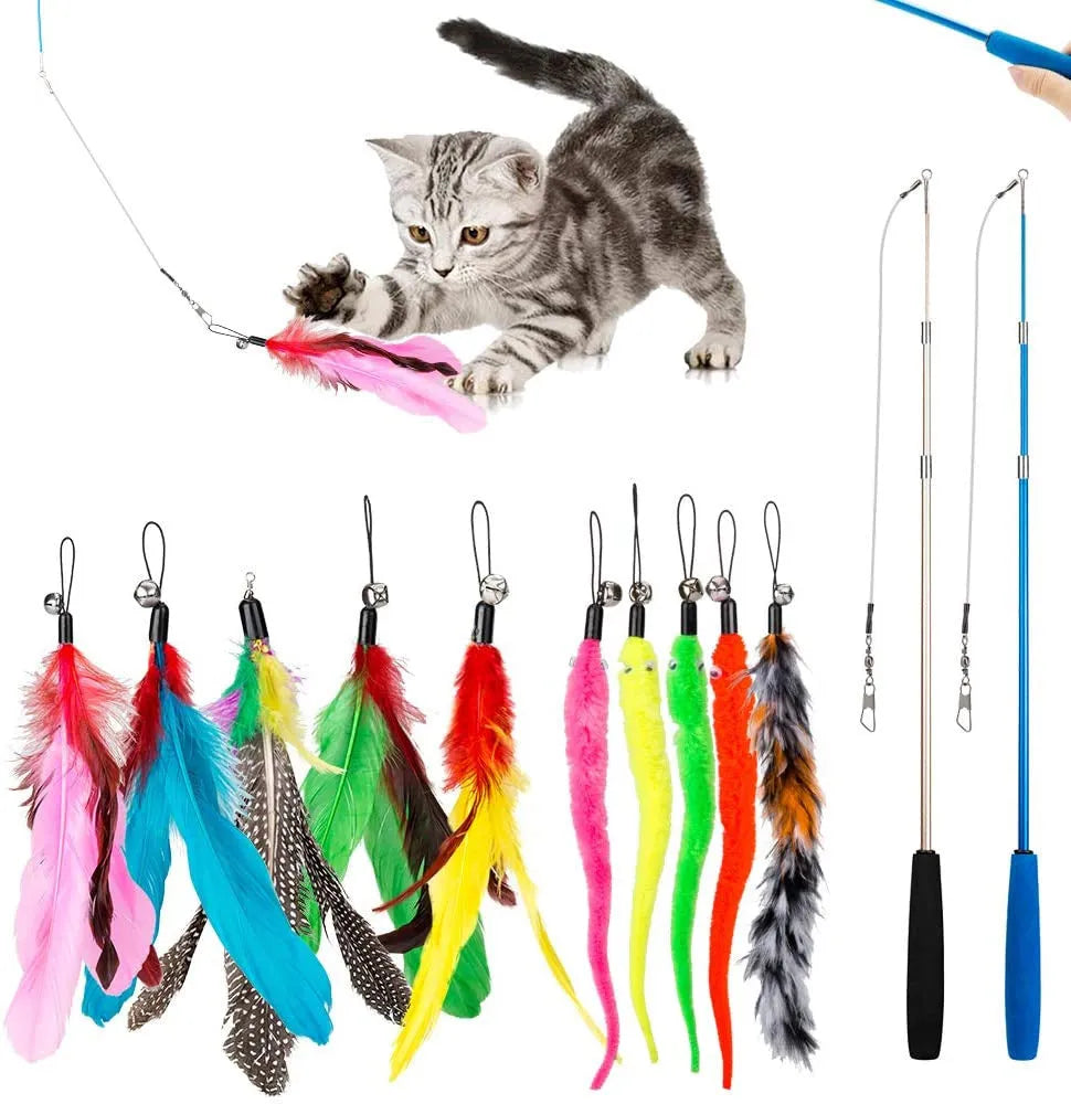 Cat teasing pole set with two 60cm fishing rods and ten feather attachment heads for interactive play