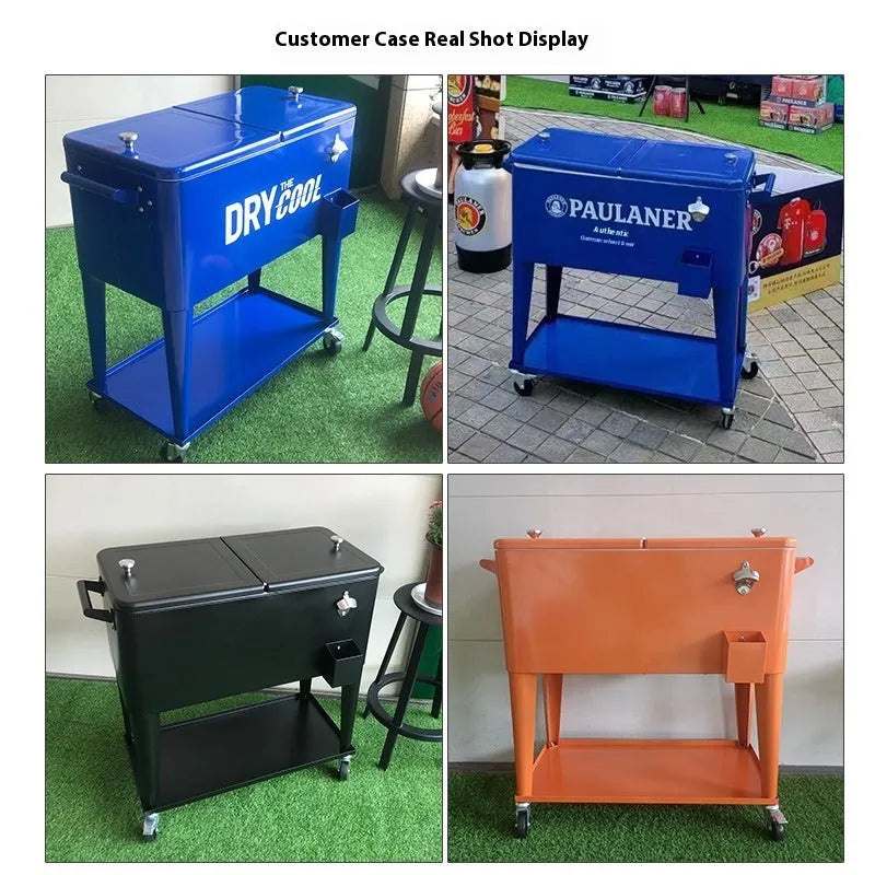 Red outdoor metal insulated trolley cart with 750ml capacity for picnics.