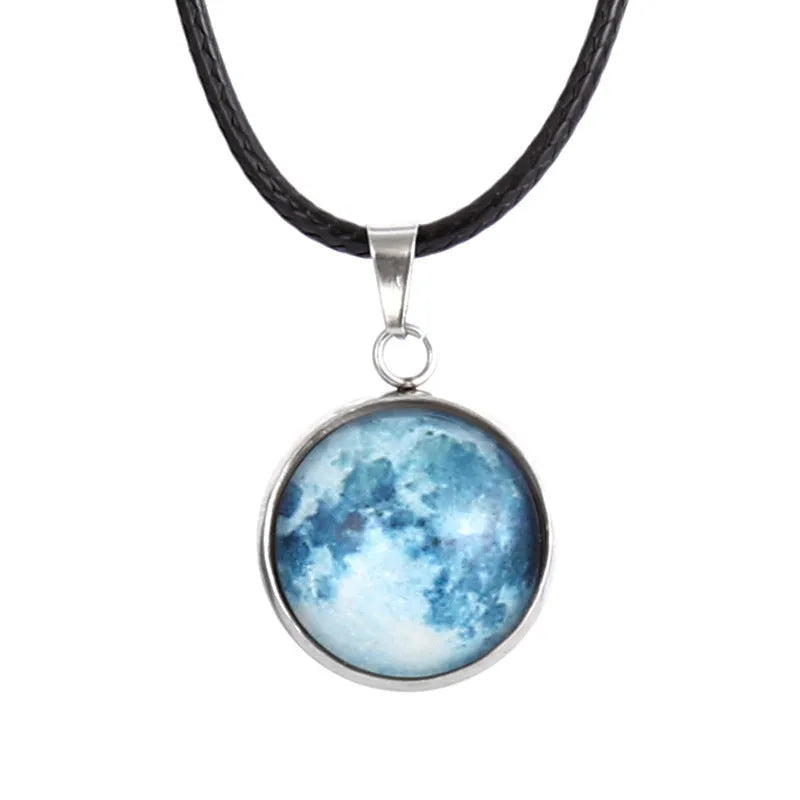 Time Stone constellation pendant necklace with organic glass pendant and alloy chain, showing adjustable length and colour options.