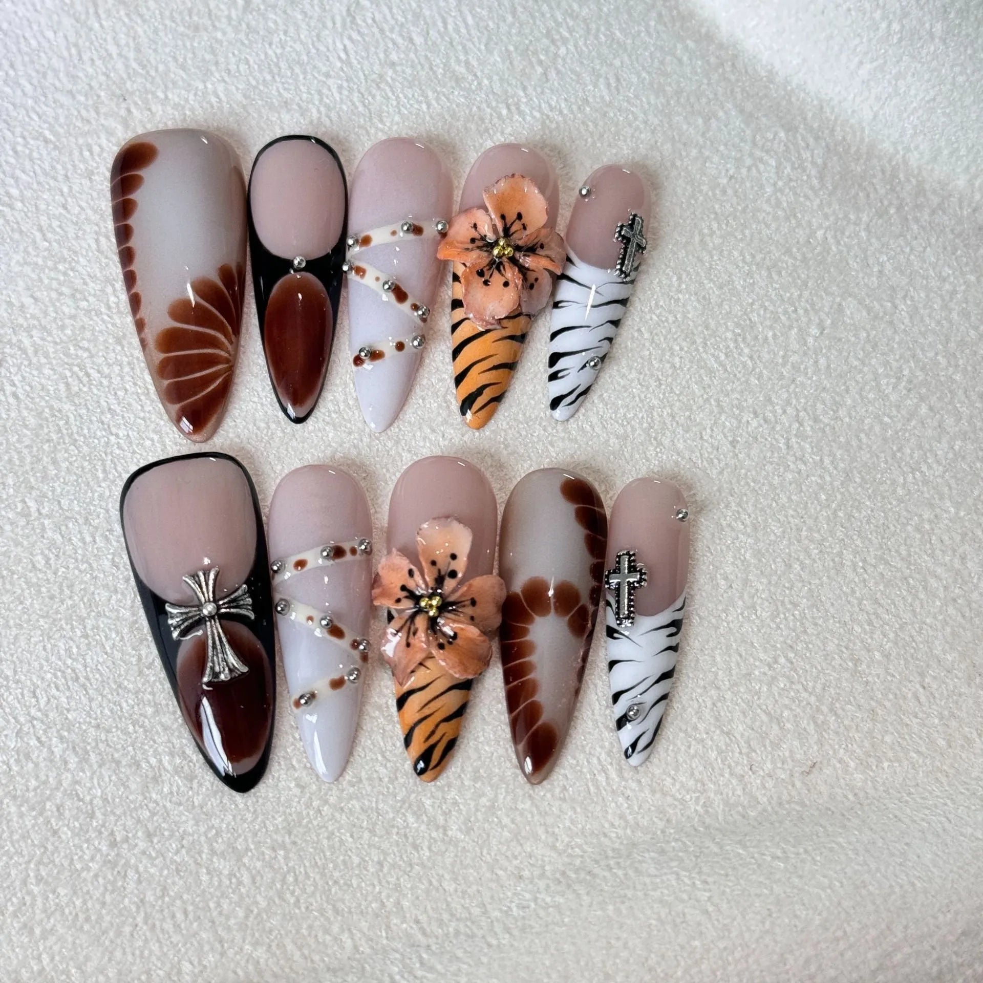 Handmade French style leopard print nail stickers with cross and flower patterns, 10 pieces pack, wear-resistant long tip design