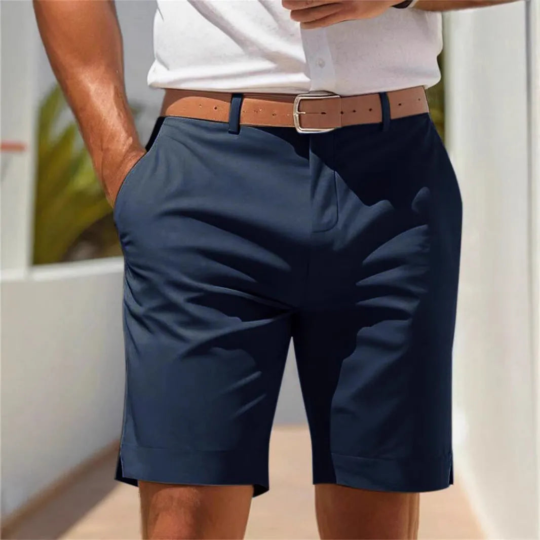 Men's straight-leg business shorts in light grey polyester fabric for summer casual office wear