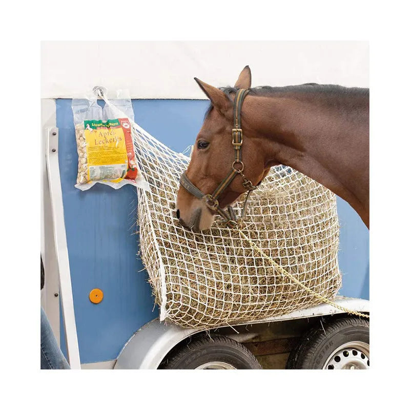 Black woven polyethylene rope horse feeding bag with grid pattern, hanging demonstration showing 120x90cm size