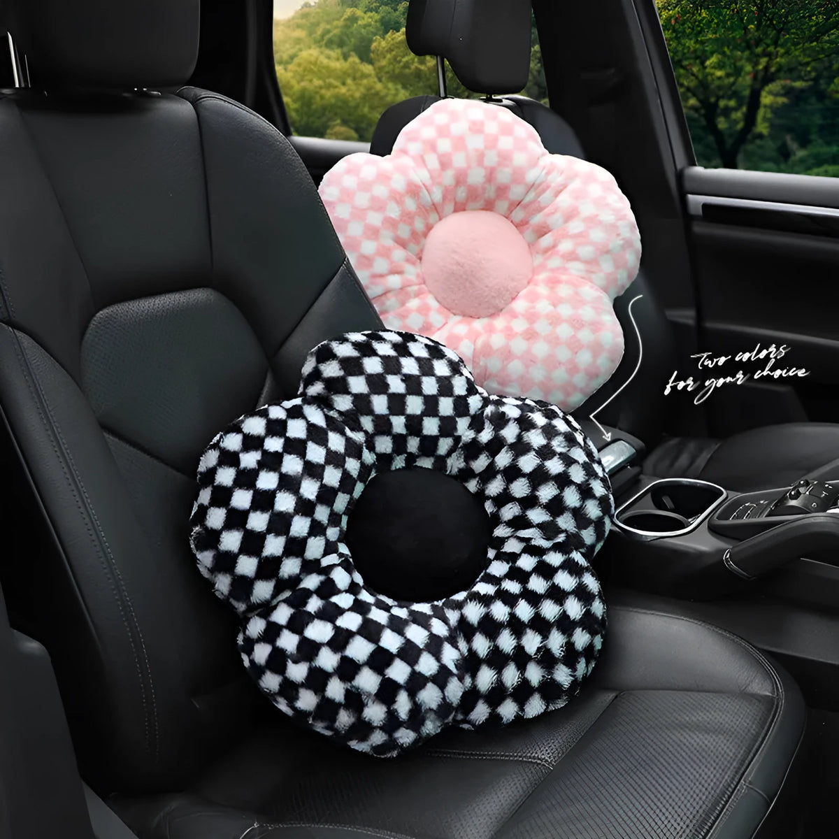 Automotive headrest neck pillow with creative flower plaid design in soft plush fabric