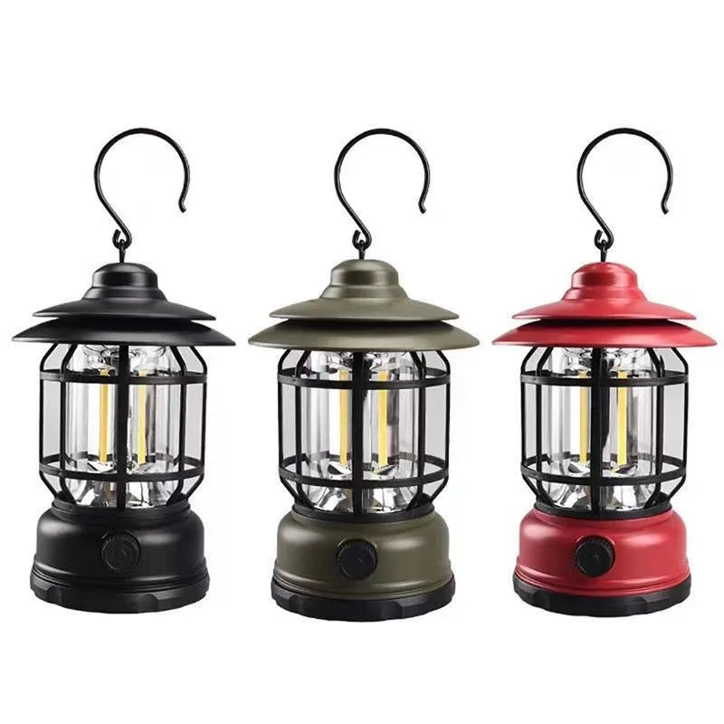 Portable camping lantern measuring 16.6 cm height in dark green, black, and red colours with multiple power options