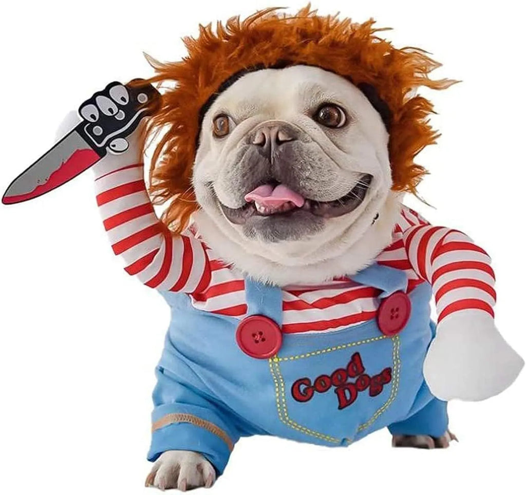 Black and orange striped Halloween costume set for pets with harness pants, vest and plastic knife accessory