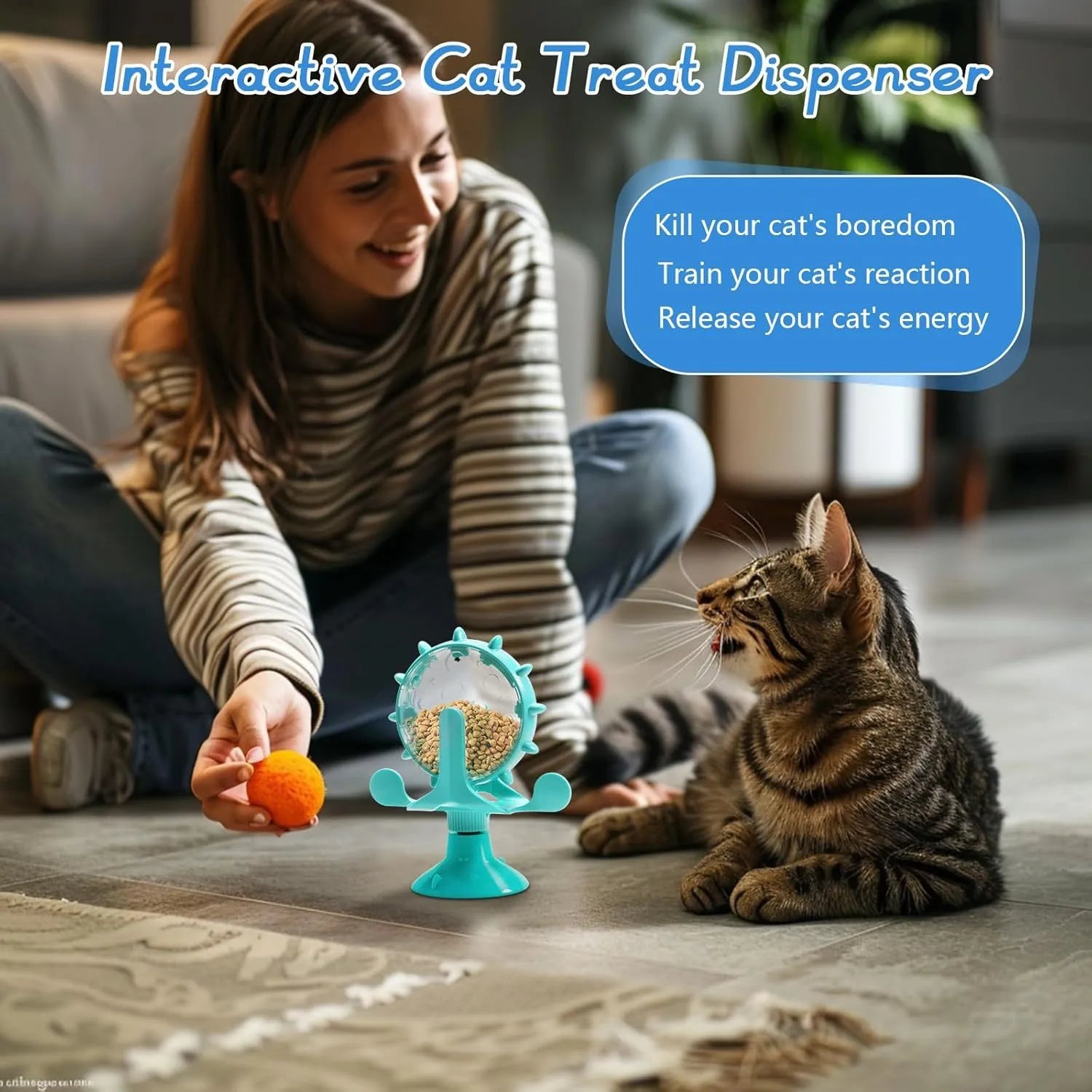 Interactive pet puzzle toy with rotating food dispenser and sucker base in blue, green, red, or yellow