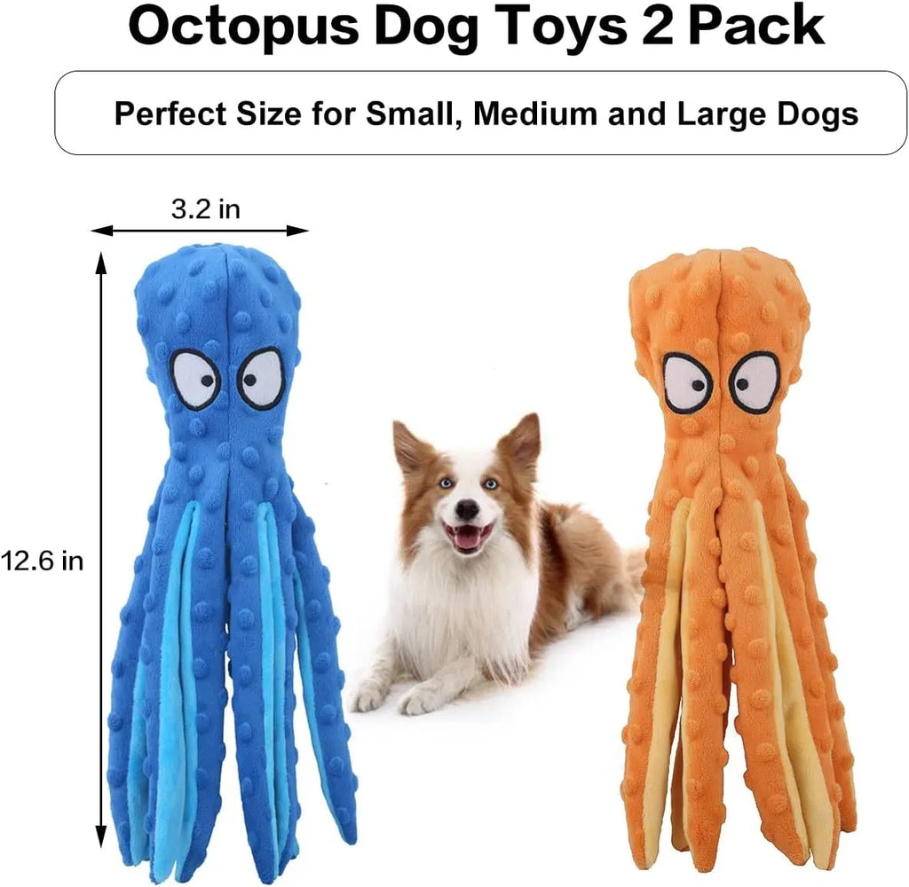 Blue octopus-shaped dog chew toy with crinkle paper and squeaker, no stuffing.