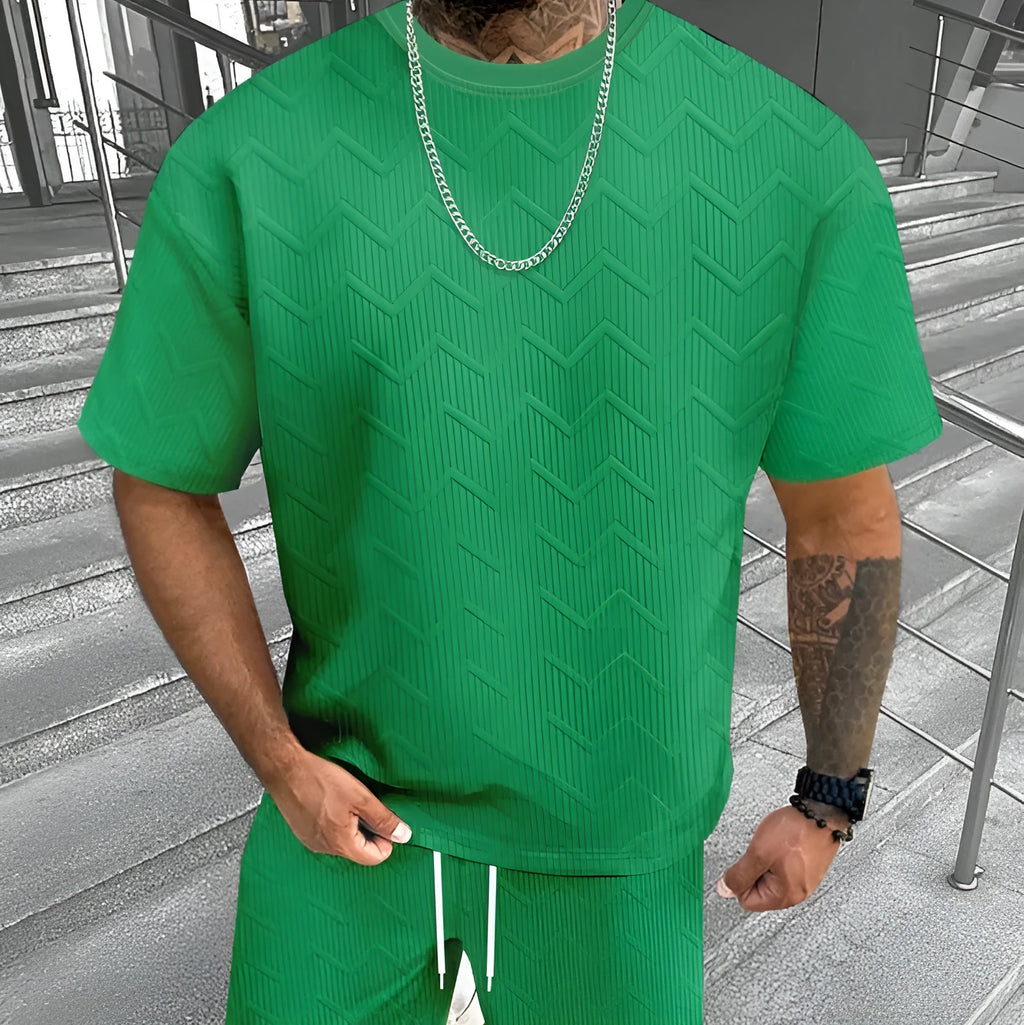 Men's short sleeve shorts suit in polyester fabric with printed pattern sports leisure design