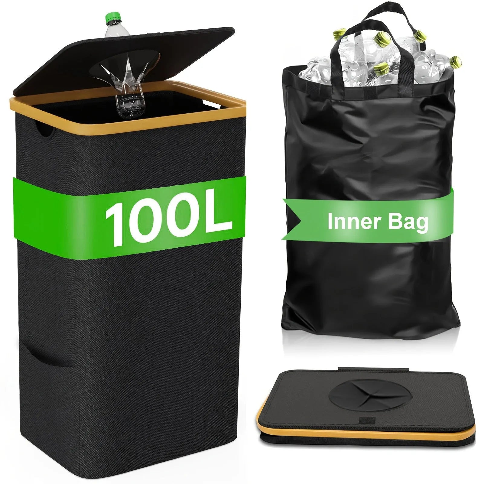 Black bamboo storage basket with removable lid showing double inner pockets and air holes in frame