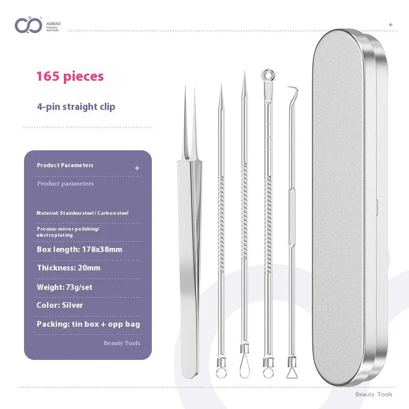 Four metal acne needles with different pointed and looped tips for blackhead removal.
