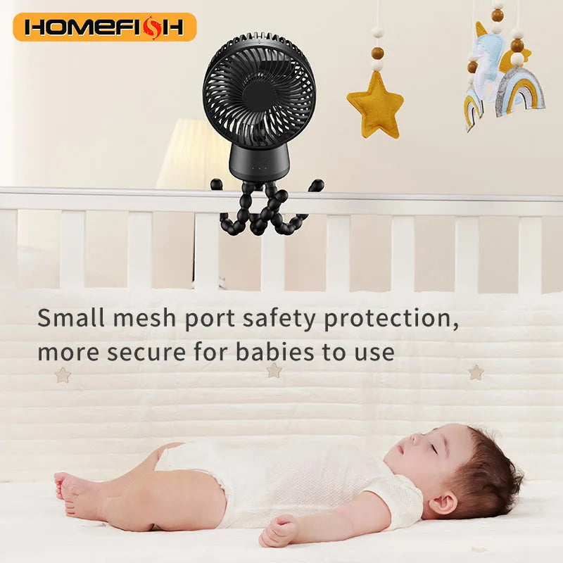 HOMEFISH F2 automatic shake head baby stroller fan with LED light and removable bracket on a stroller handle