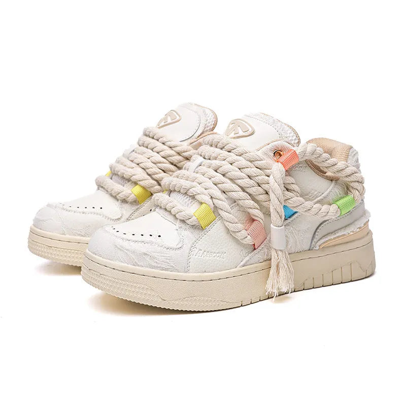 Creamy white retro skateboard shoes with low-top design, platform heel, and mesh lining details