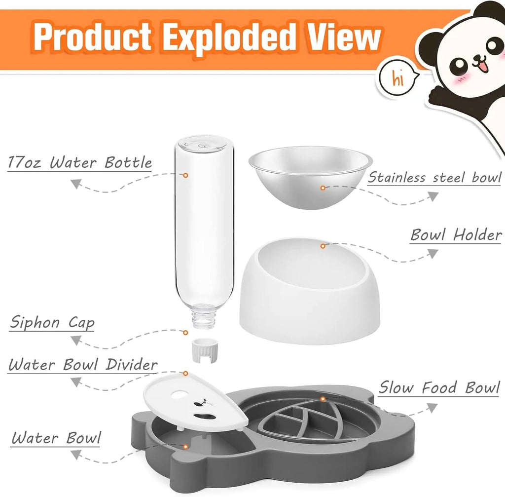 Elevated pet bowls set in panda shape with 15° tilt and automatic water dispenser for cats and small dogs