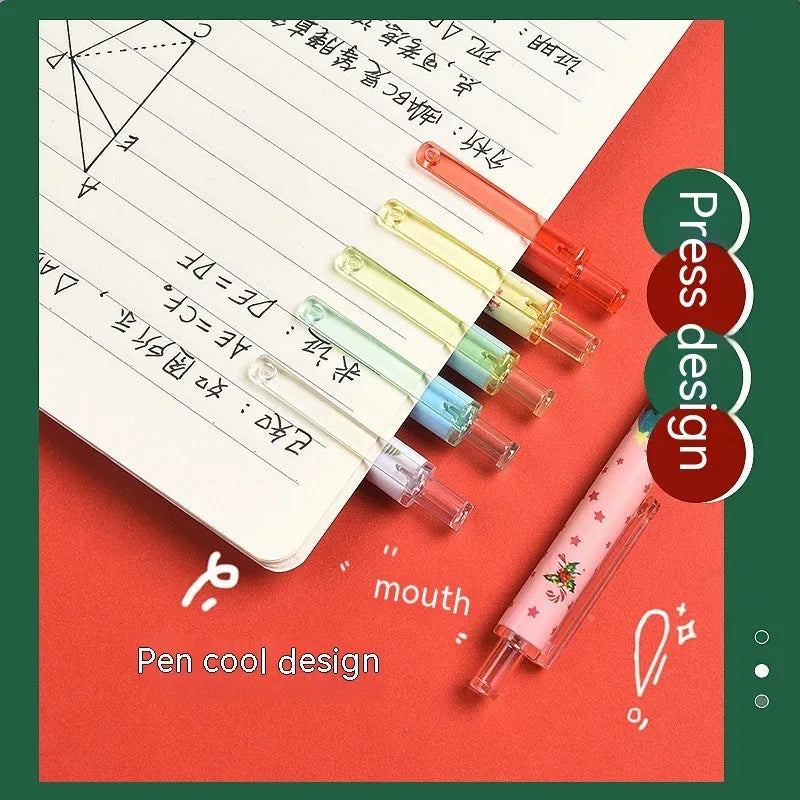 Christmas cartoon design gel pen set with six black ballpoint pens in plastic case