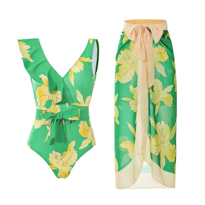 Women's spaghetti straps one-piece swimsuit with skirt in solid colour, showing adjustable straps and polyester fabric