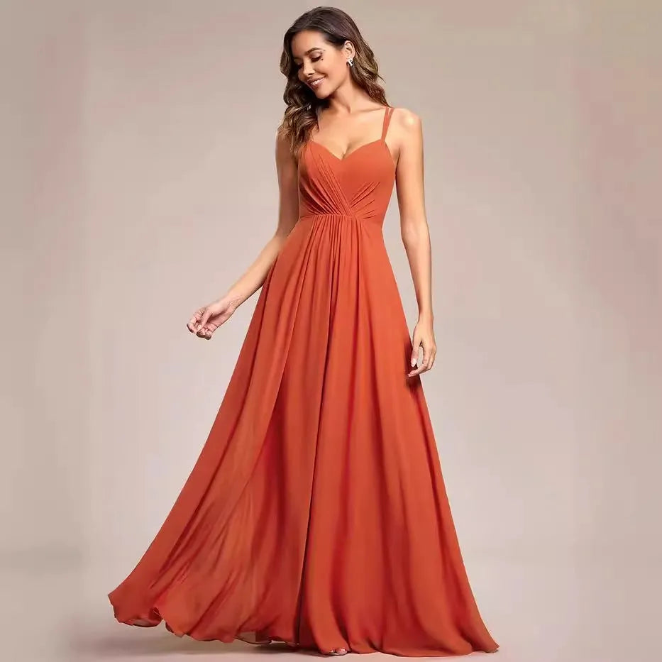 Sling Banquet long pleated dress in light green, A-line skirt, sleeveless design, casual style