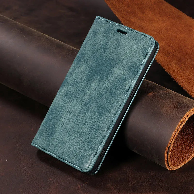 Magnetic flip phone case in grey colour with TPU and leather materials, showing closed flap for iPhone protection