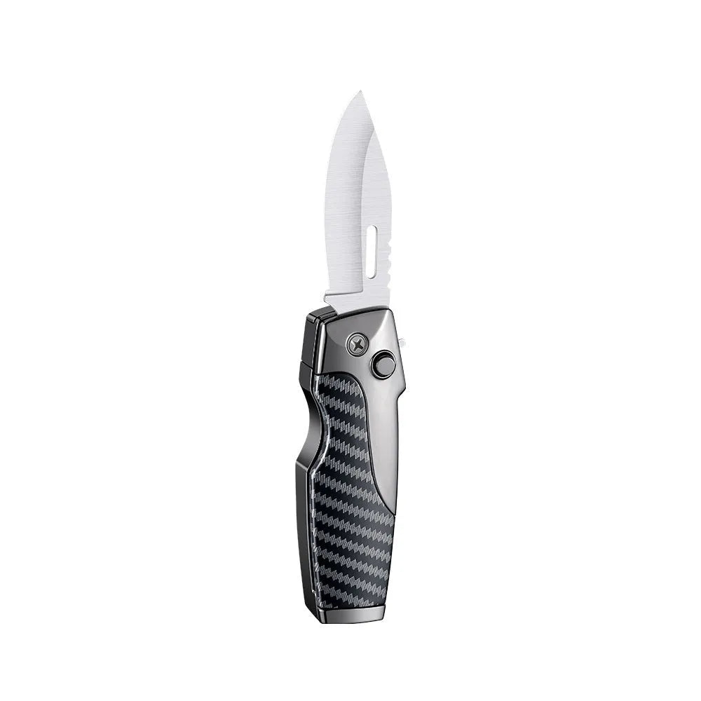 Zinc alloy metal folding lighter with integrated knife in black-brown wood grain finish, showing closed and open positions