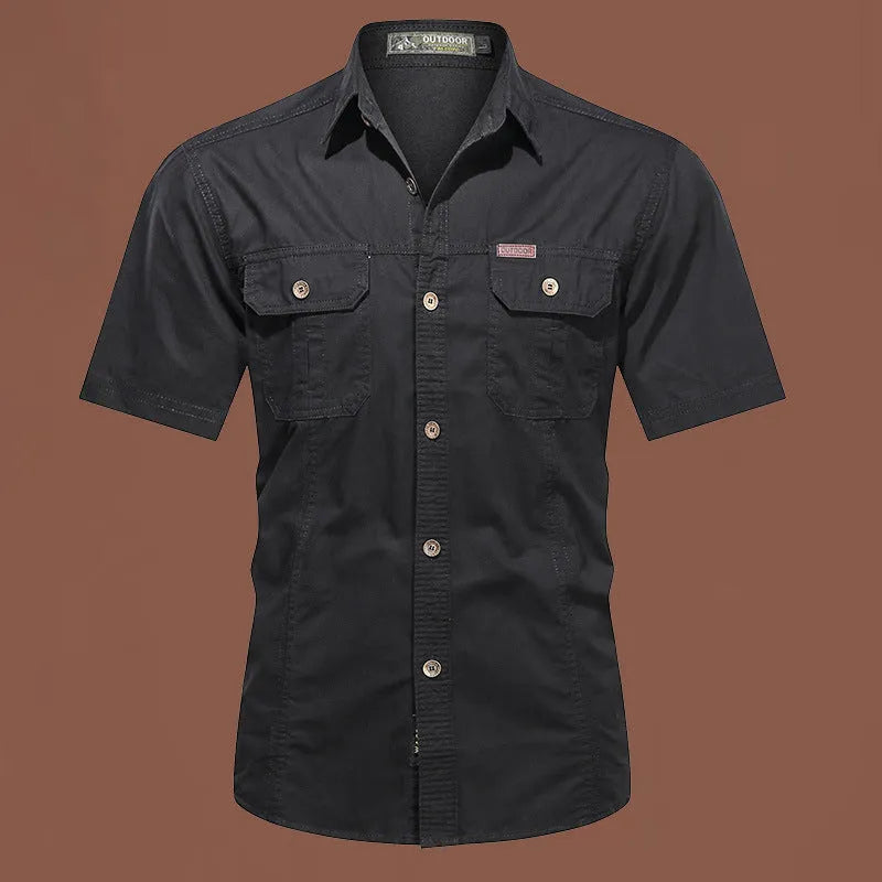 Men's short sleeve cotton work shirt in Army Green with non-iron treatment and loose fit for outdoor use