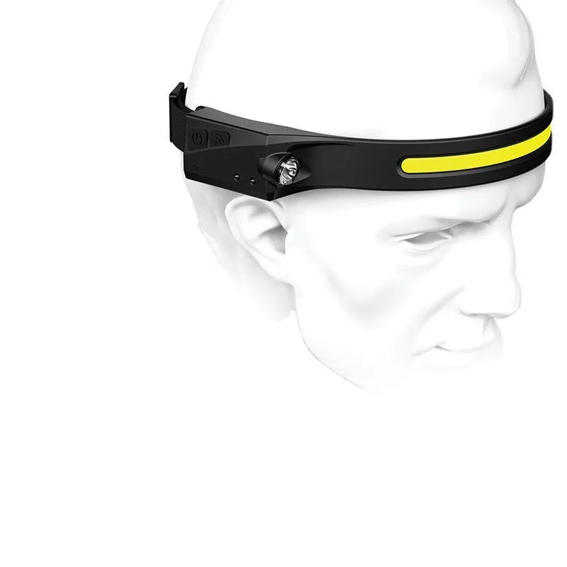 Black silicone USB rechargeable headlamp with a wide LED beam and side wave sensor for outdoor use.
