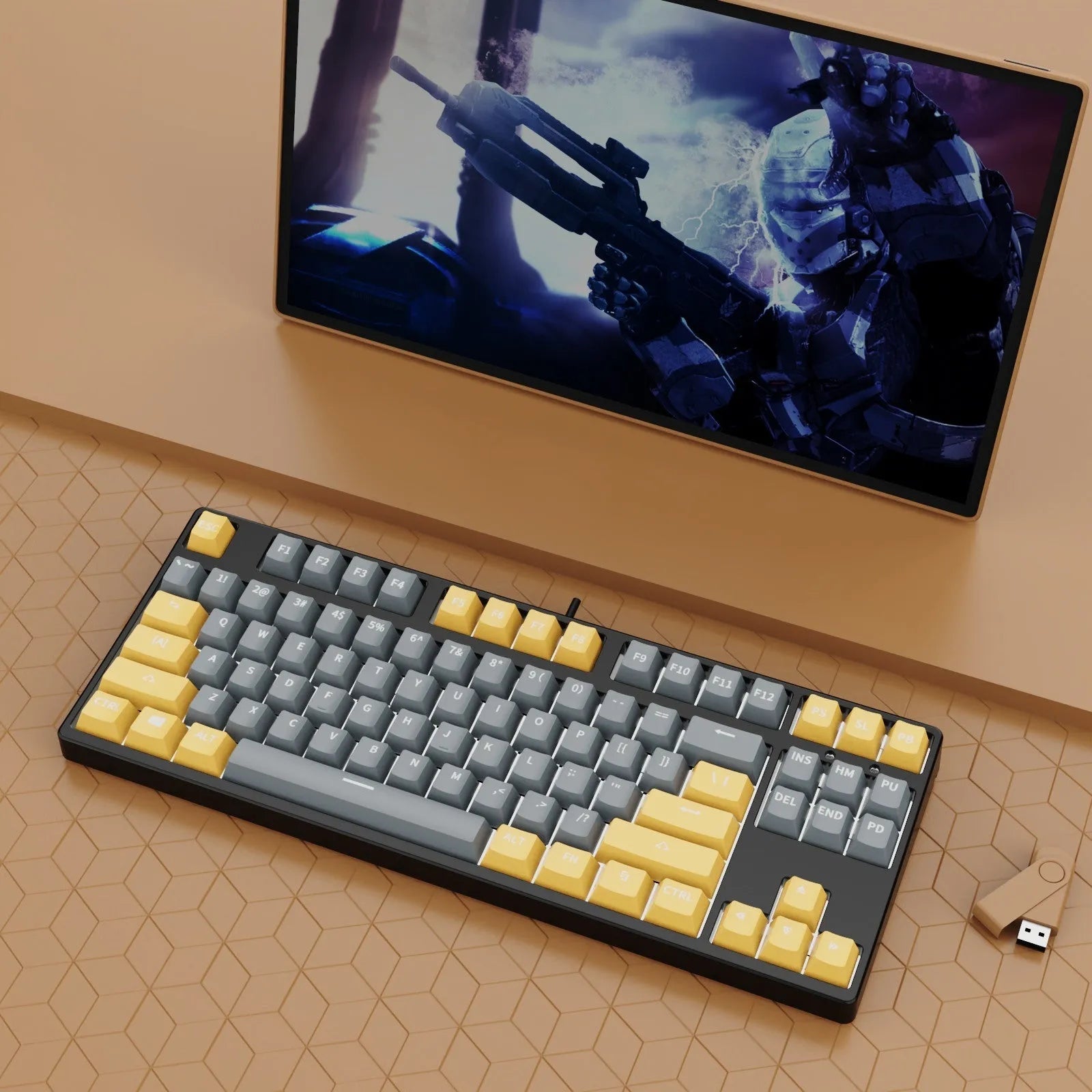 87-key wired mechanical keyboard with two-tone keycaps and metal frame, showing compact design and included tools